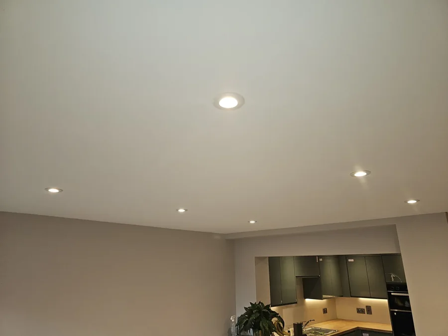 Installed downlights in a kitchen ceiling